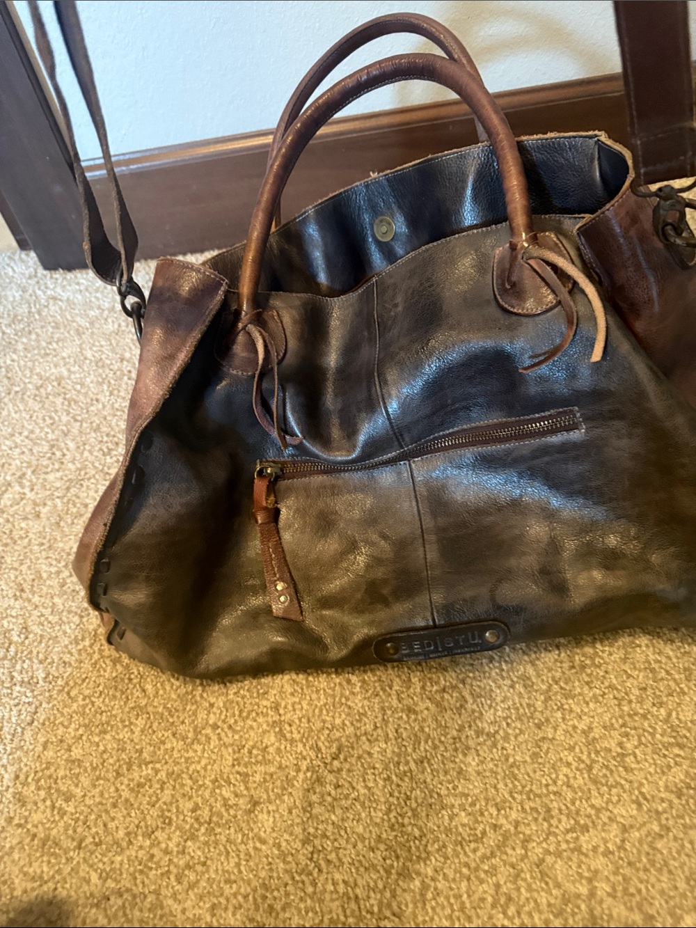 Bed Stu Two-Tone Dark Brown and Chestnut Leather Shoulder Tote - Picture 3 of 6